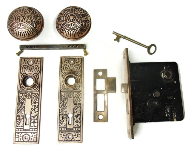Antique Set EASTLAKE VICTORIAN AESTHETIC Backplates Door Knob Mortise Lock w Key