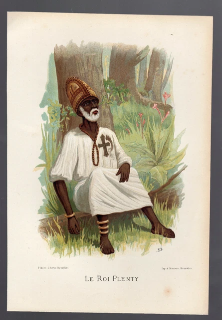 19th century LE ROI PLENTY COLOR ENGRAVING African type Congo Belgian Engraving African