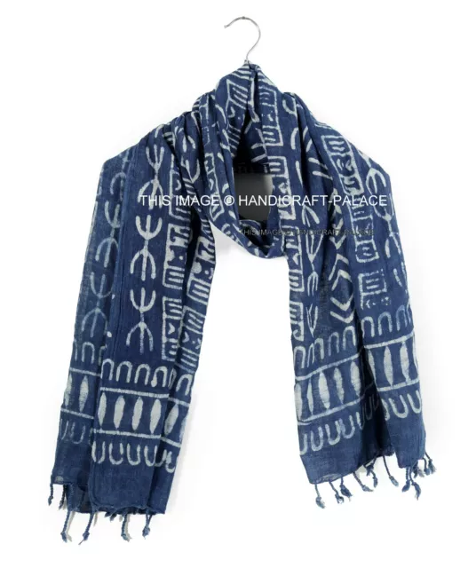 Indian Abstract Block Print Neck Scarf Light Cotton 72 x 21" Indigo Blue & White