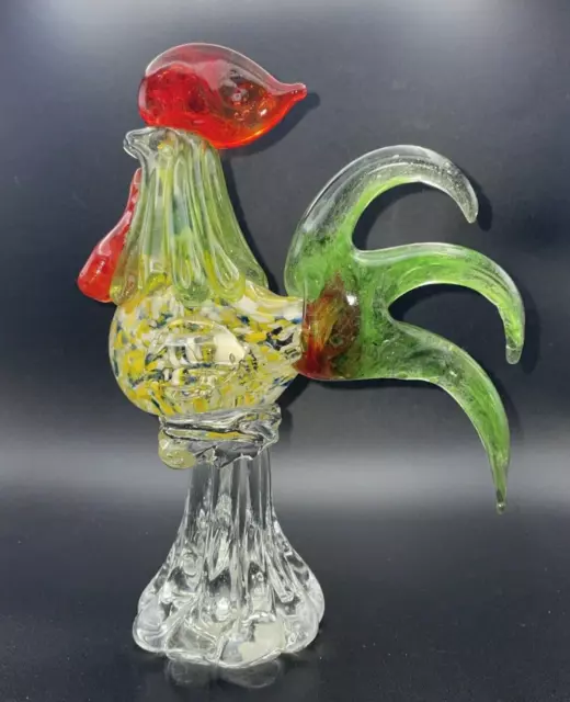 Art Glass Rooster Hand Blown Figurine Red Yellow Green 8" tall Chicken