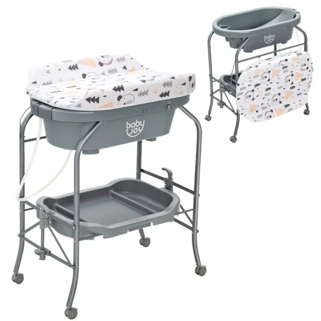 Baby Changing Table w/Bathtub, Folding & Portable Diaper Station w/Wheels  Gray