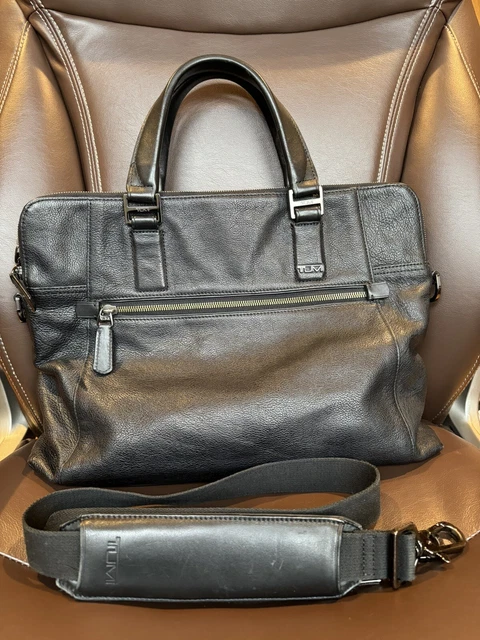 Tumi Black Pebbled Leather Business Laptop Bag Briefcase Messenger Double Zip