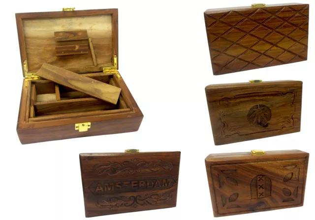 Solid Wood Carved Crafted Wooden Stash Storage Rolling Box Polished Large Size