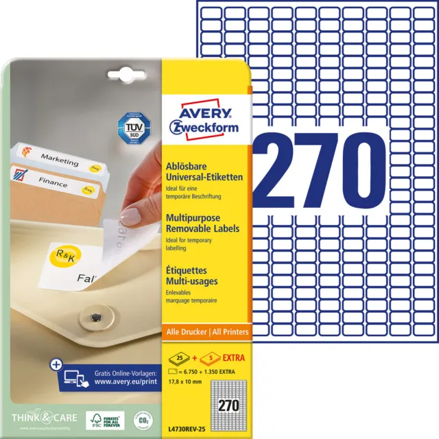Avery-Zweckform L4730REV-25 Etiketten 17.8 x 10 mm Papier Weiß 8100 St. Wiede...