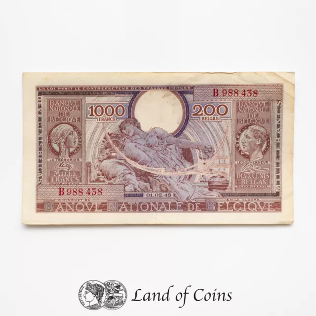 BELGIUM: 1 x 100 Francs/200 Belgas Belgian Banknote. Dated 01.02.43.