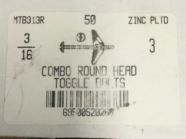 Mutual Screw & Supplies MTB313R Zinc Pled Combo Round Head Toggle Bolts 3/16” 50