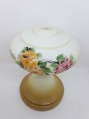 Milk Glass Electric Lamp Base Hand Painted Rose Flowers Red Orange 3