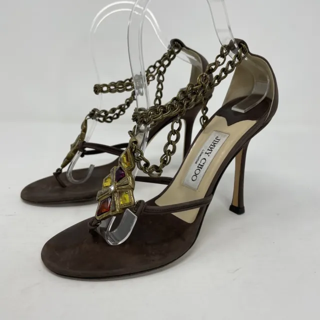 JIMMY CHOO Sandals Womens 37.5 US 7.5 Brown Leather Chain Straps Pendants