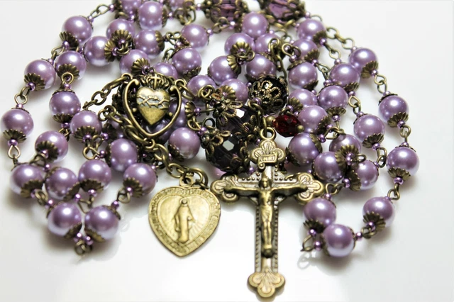 Czech Beads Purple Crystal Sacred Heart Antique Bronze  Rosary.rosario Special