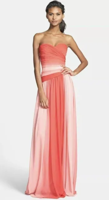 ML Monique Lhuillier Bridesmaids Ombré Chiffon Gown Sz 8 Poppy Blush