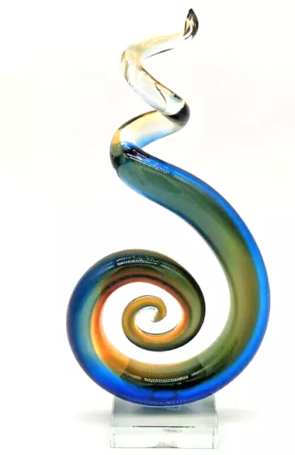 Murano Art Glass~Hand Blown Spiral Sculpture in Amber, Green & Blue