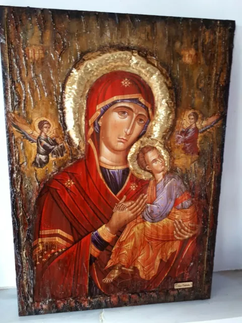 Virgin Mary with Jesus Christ and two Angel Icon - Greek Orthodox Byzantine Icon