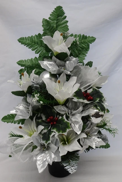Christmas Artificial Silk Flowers 2 x Tall Grave/Crem Pot Silver White Memorial