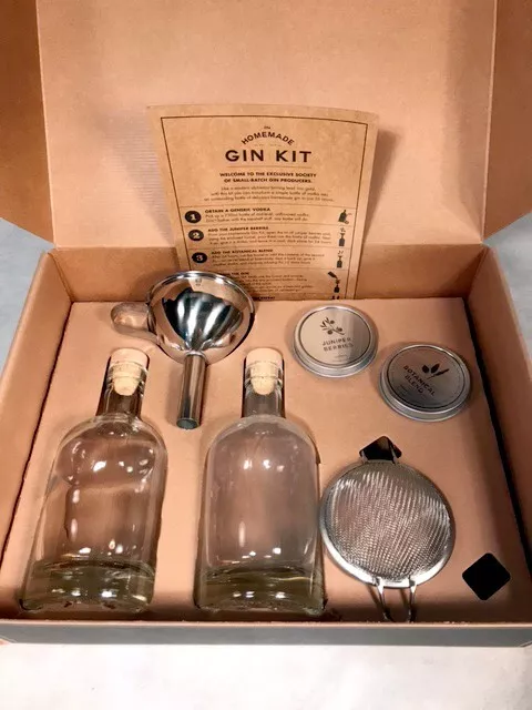 NUEVO KIT DE FABRICACIÓN DE GINEBRA CASERA caja abierta haz tus propias botellas botánicas