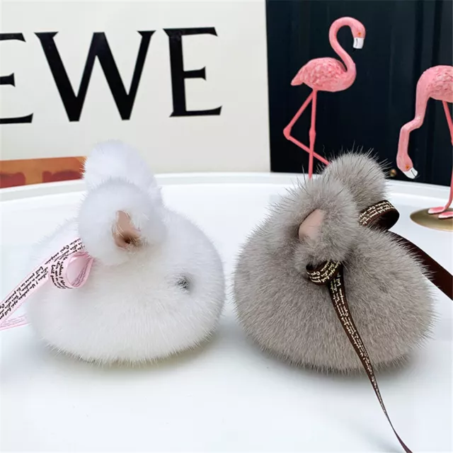 Cute Real Mink Fur Bunny Key Chains Women Car Key Rings Mini Rabbit Bag Pendant