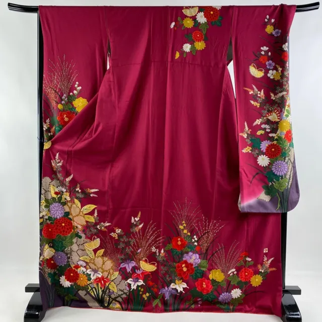JAPANESE KIMONO FURISODE LONG SLEEVES LADIES WOVEN SILK Red-purple color 172cm