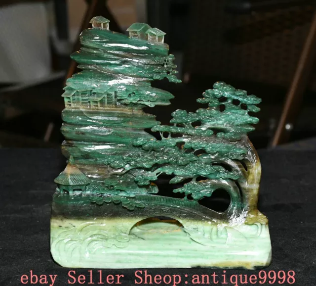 7'' Chinese Natural Dushan Jade Carved Pine Tree Bridge Pavilion Mountain Statue