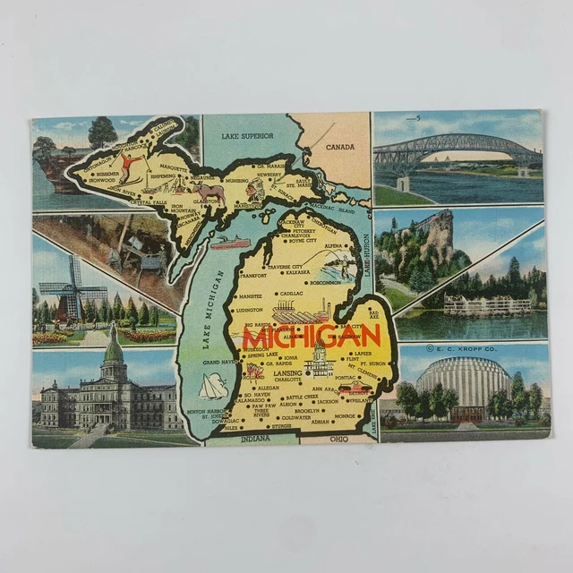 POSTCARD MICHIGAN REXTON MI State Map Landmarks 1941 Linen Posted 3.00