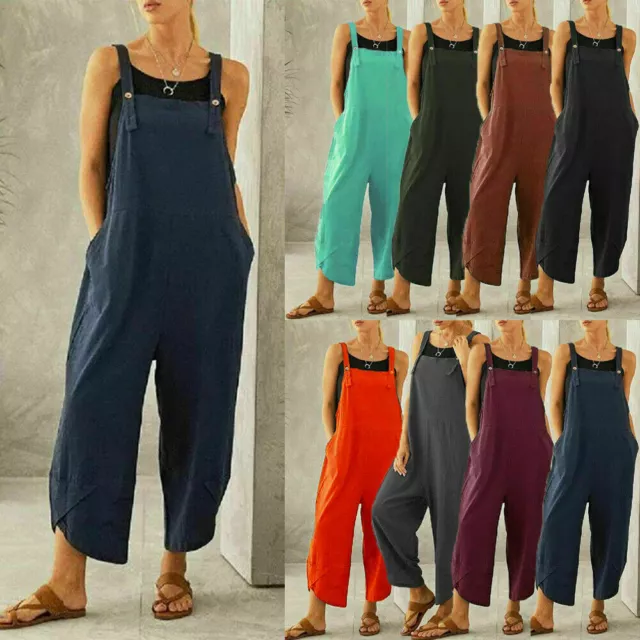 Ladies Women Dungarees Overalls Buttons Playsuits Trousers Loose Pocket Jumpsuit