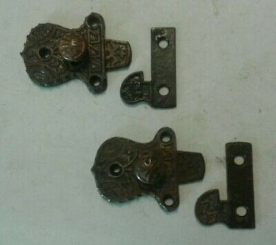 2 Vintage Ornate Eastlake Cast Iron And Brass Cabinet Door Latches & Keepers
