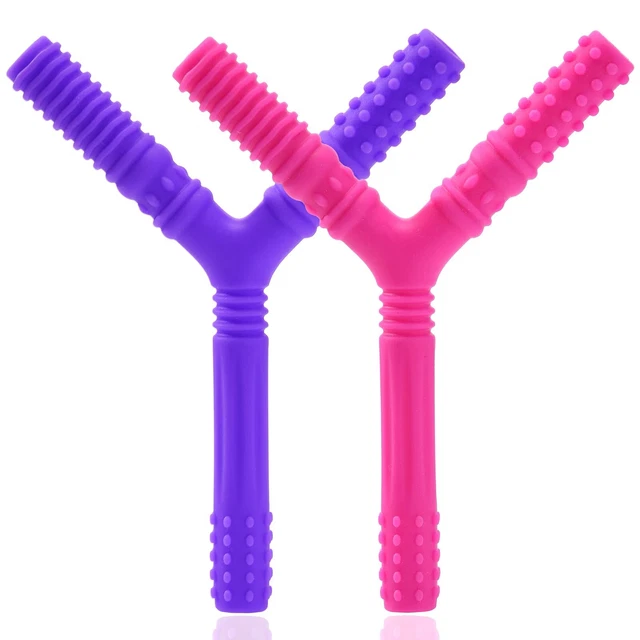 2 Pack Sensory Chew Hollow Teething Tubes, Silicone Teether Toys (Pink, Purple)