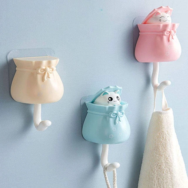 1/3 Pcs Coat Hooks Cute Cat Shape Punch Free Adhesive Hooks, Plastic Creative US