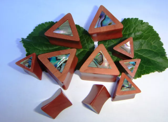 Pair Handcrafted ABALONE SHELL Sawo Wood Triangle Double Flared Ear Plugs Gauges