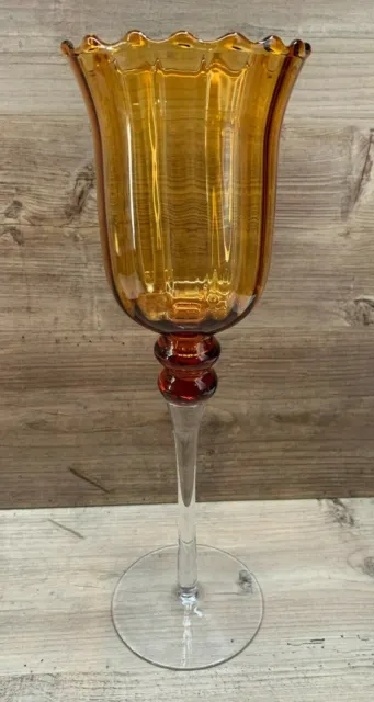 Art Glass Vase Candle Holder Amber Vintage Blown Ribbed Optic Italy Empoli 12.5"