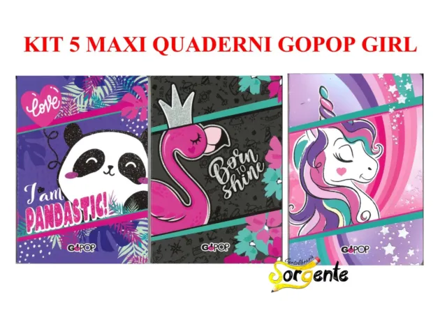 Kit 5 Maxi Quaderni Gopop Girl A4 Quadretto 5Mm Giochi Preziosi Unicorno Panda