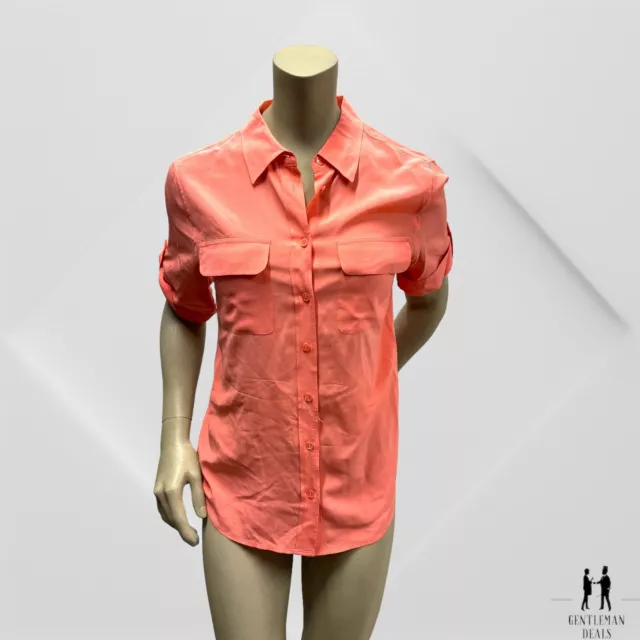 Equipment Femme Silk Short Sleeve Collared Button Up Blouse Top Pink Size S