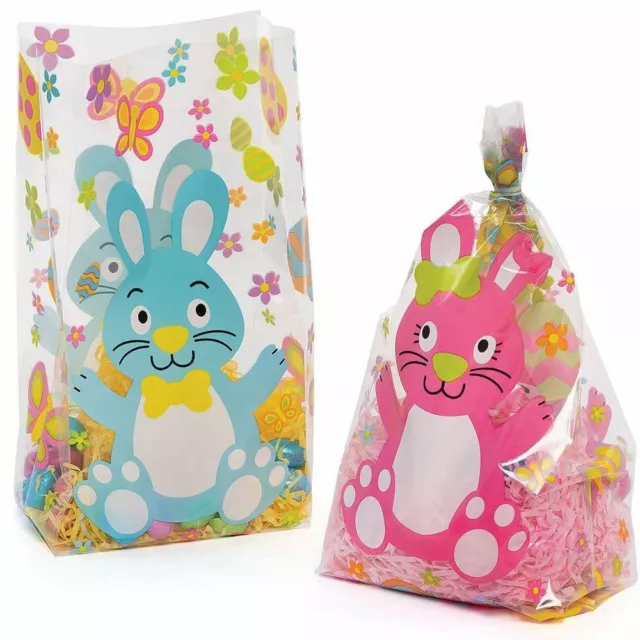 EASTER BUNNY Cellophane Bags BLUE PINK 10 Pk Easter Egg Hunt Party Bag Gift Wrap