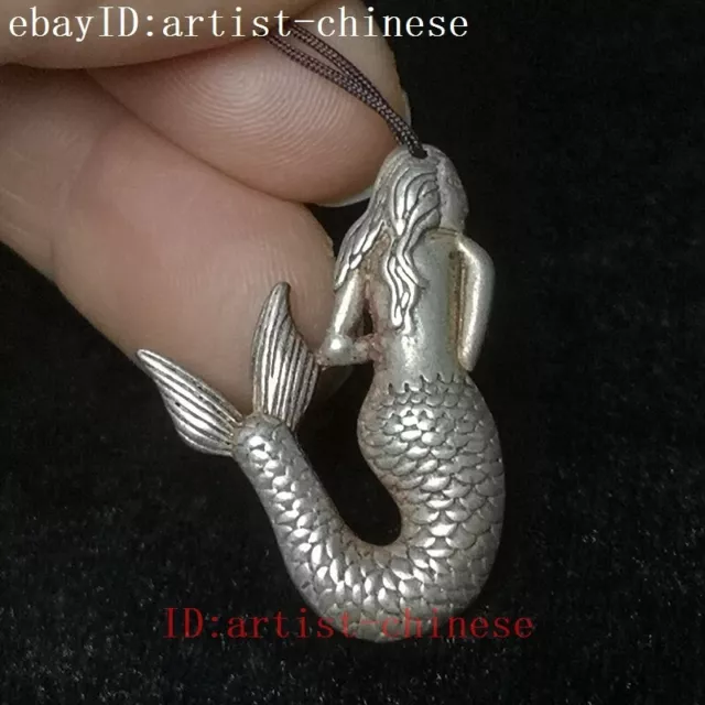 Old Chinese Tibet Silver Handmade lovely sea-maid Statue necklace Pendant Gift