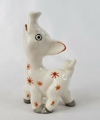 Vintage Japan Ceramic Pig Animal Figurine Anthropomorphic White w Red Starburst