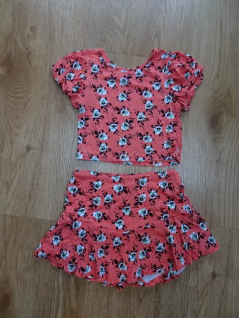 RIVER ISLAND girls orange floral 2 piece shorts & t shirt set AGE 7 - 8 YEARS