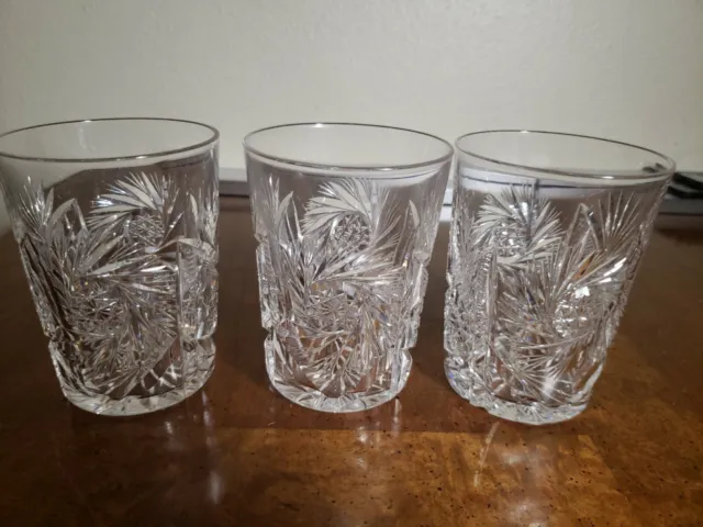 Vtg AMERICAN BRILLIANT CUT GLASS CRYSTAL SET OF 3 DRINK TUMBLERS 8oz Bar Whisky