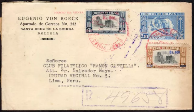 Bolivia To Peru Registered Ps Stationery Envelope 1957 Sta. Cruz - Lima