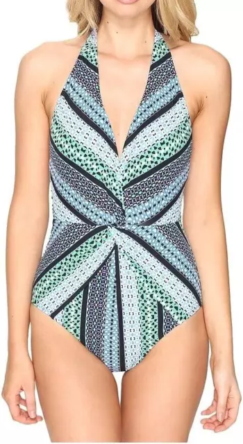 Jantzen Womens Geo Graphic Plunge Halter One Piece Swimsuit Multicolor Size 6