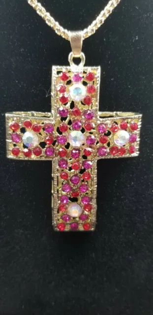 Beautiful Betsey Johnson Red Crystal Rhinestone Inlay Cross Pendant Necklace