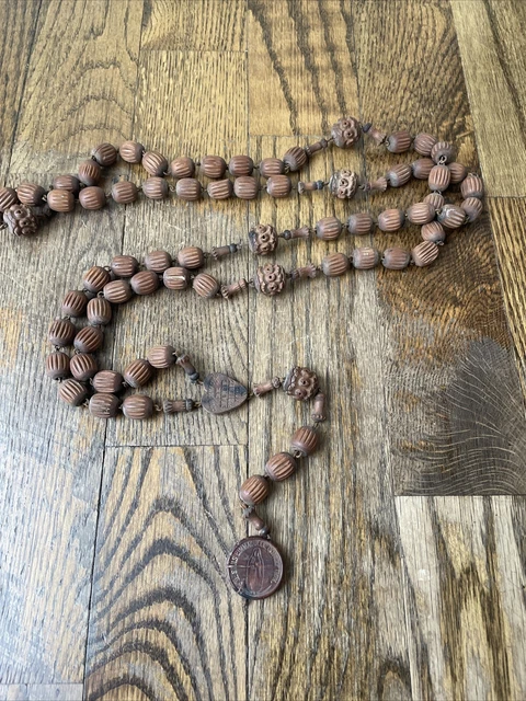 Antique French Wall Rosary Large Hand Carved Wood Beads Lady Immaculate 75”+