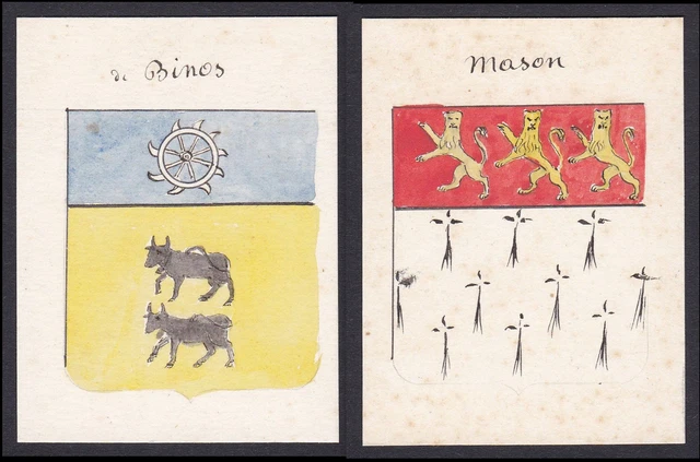 19. Siglo Mason De Binos Francia Escudo Nobleza Abrigo De Arms Acuarela