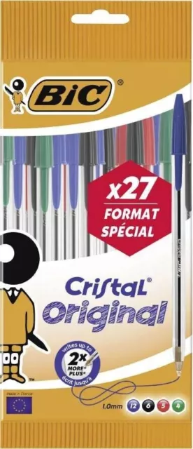 BIC Cristal Original Stylos Bille Bleu / Noir / Rouge / Vert - Paquet de 27