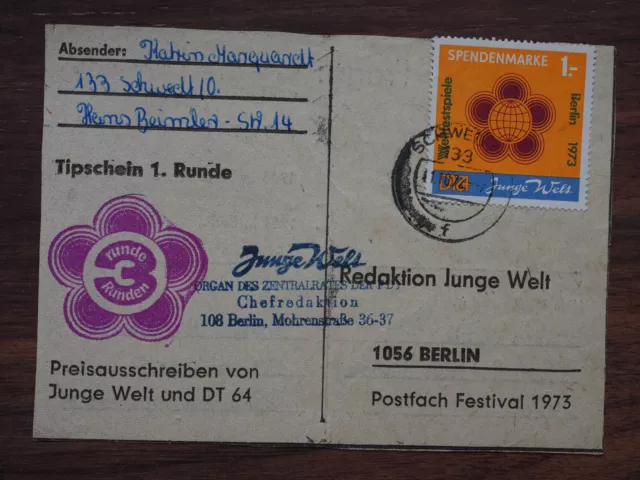 DDR - Spendenmarke - Mi.-Nr. 1 auf Brief Preisausschreiben + Tagesstempel