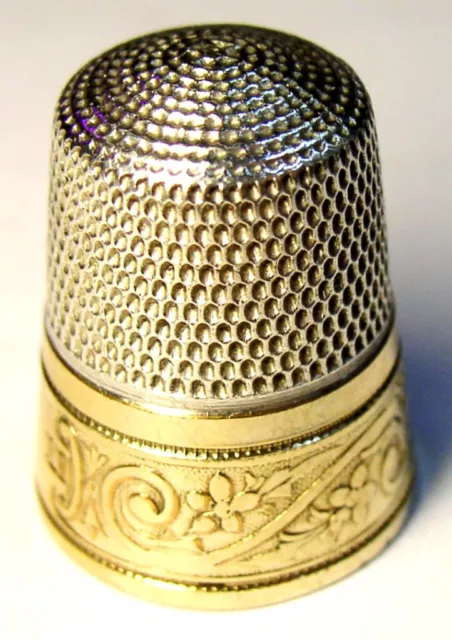 Antique Simons Bros. Gold Band Sterling Silver Thimble  “Flowers & S Scrolls”