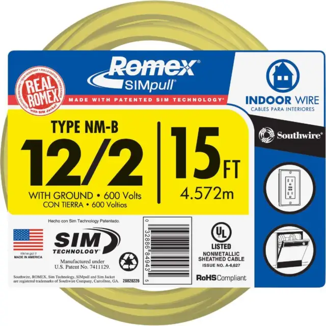 Romex 15 Ft. 12/2 Solid Yellow NMW/G Electrical Wire 28828226 Romex 28828226 12