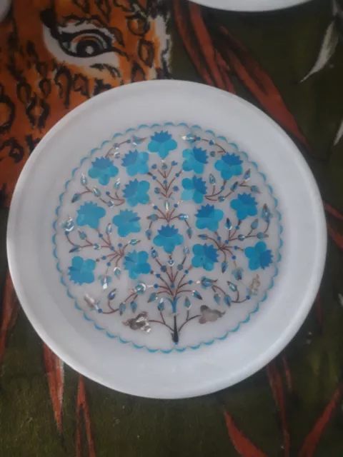 10" Antique Marble Round Serving Plate makrana Inlay malachite home decor n56