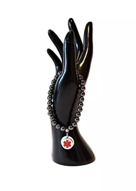 Pulsera de alerta médica SOS cuentas de hematita elásticas de emergencia y disco médico