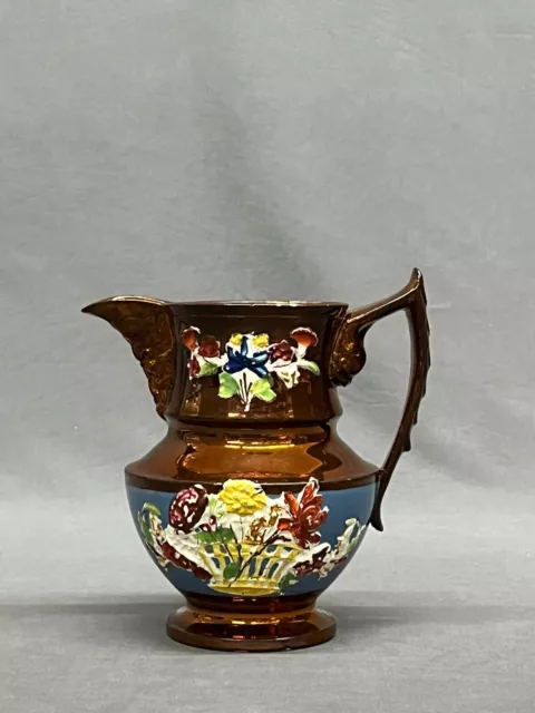 Antique English Copper Lustre Jug with Mask Spout Dolphin Handle & Flowers