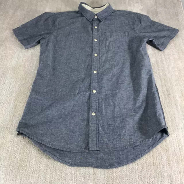 On The Byas Shirt Mens Medium Button Up Blue Short Sleeve Zipper Longer Length