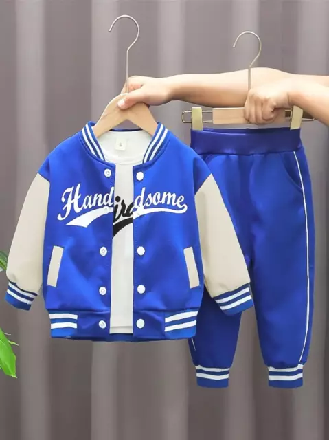 3pcs Boys Letter Print Long Sleeved Baseball Suit, Casual Crew Neck Slightly Set