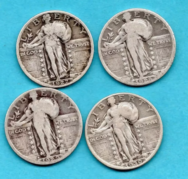 4 X Usa Silver, Standing Liberty Quarter Dollar Coins 1927 - 1930. Job Lot.